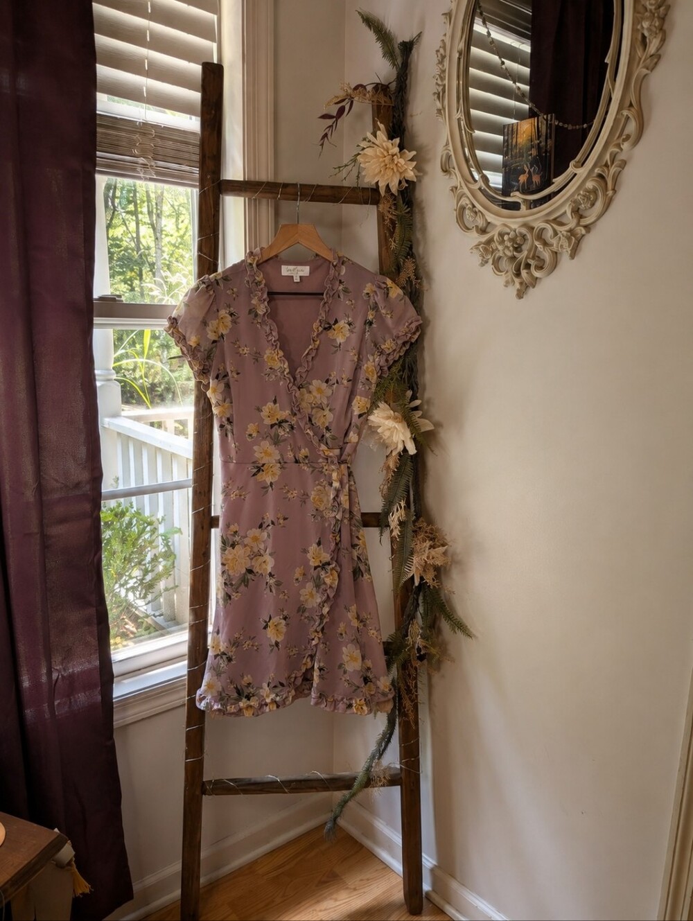Wrap Ruffled Midi Dress in Purple Floral Cottage Garden